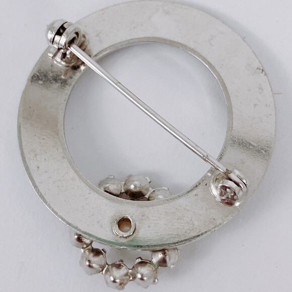 VTG Mid Century Brooch Silver Tone Rhinestone Fx Pearl Circle Wreath Pin 40s 50s - Picture 6 of 9